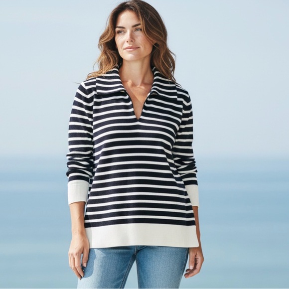 J. Jill Sweaters - J. Jill Striped Collared Pullover Sweater Navy Cream Cotton Blend MP NWT